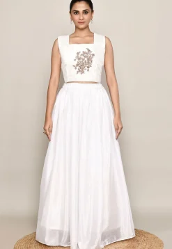 Embroidered Chinon Silk Lehenga in Off White