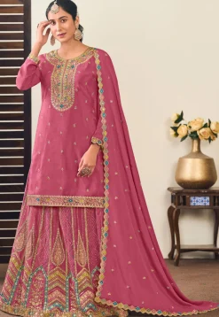 Embroidered Chinon Silk Lehenga in Pink