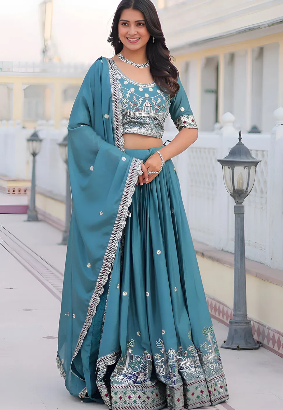 Embroidered Chinon Silk Lehenga in Light Blue