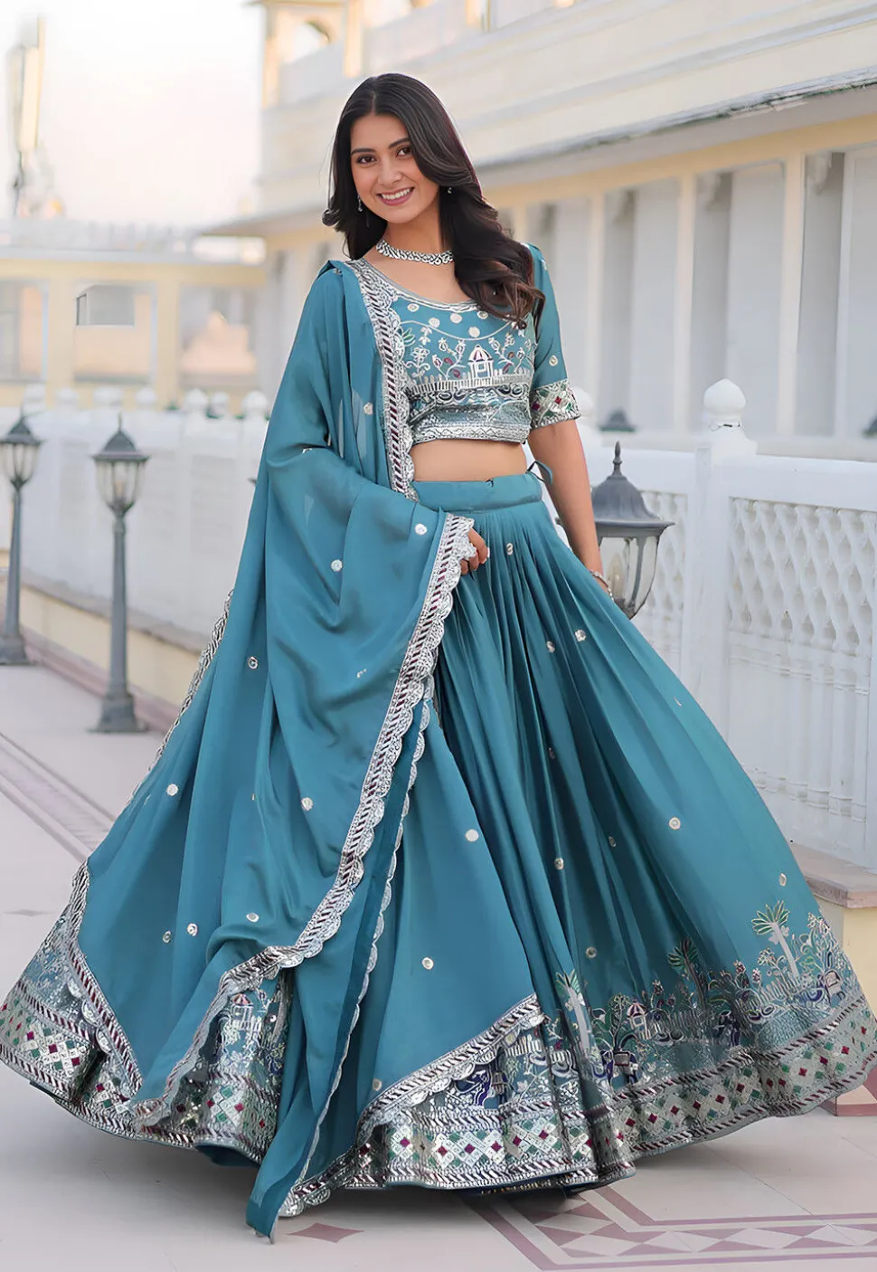 Embroidered Chinon Silk Lehenga in Light Blue
