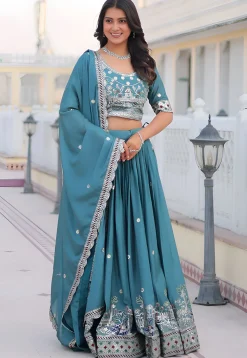 Embroidered Chinon Silk Lehenga in Light Blue