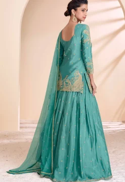 Embroidered Chinon Silk Lehenga in Sea Green