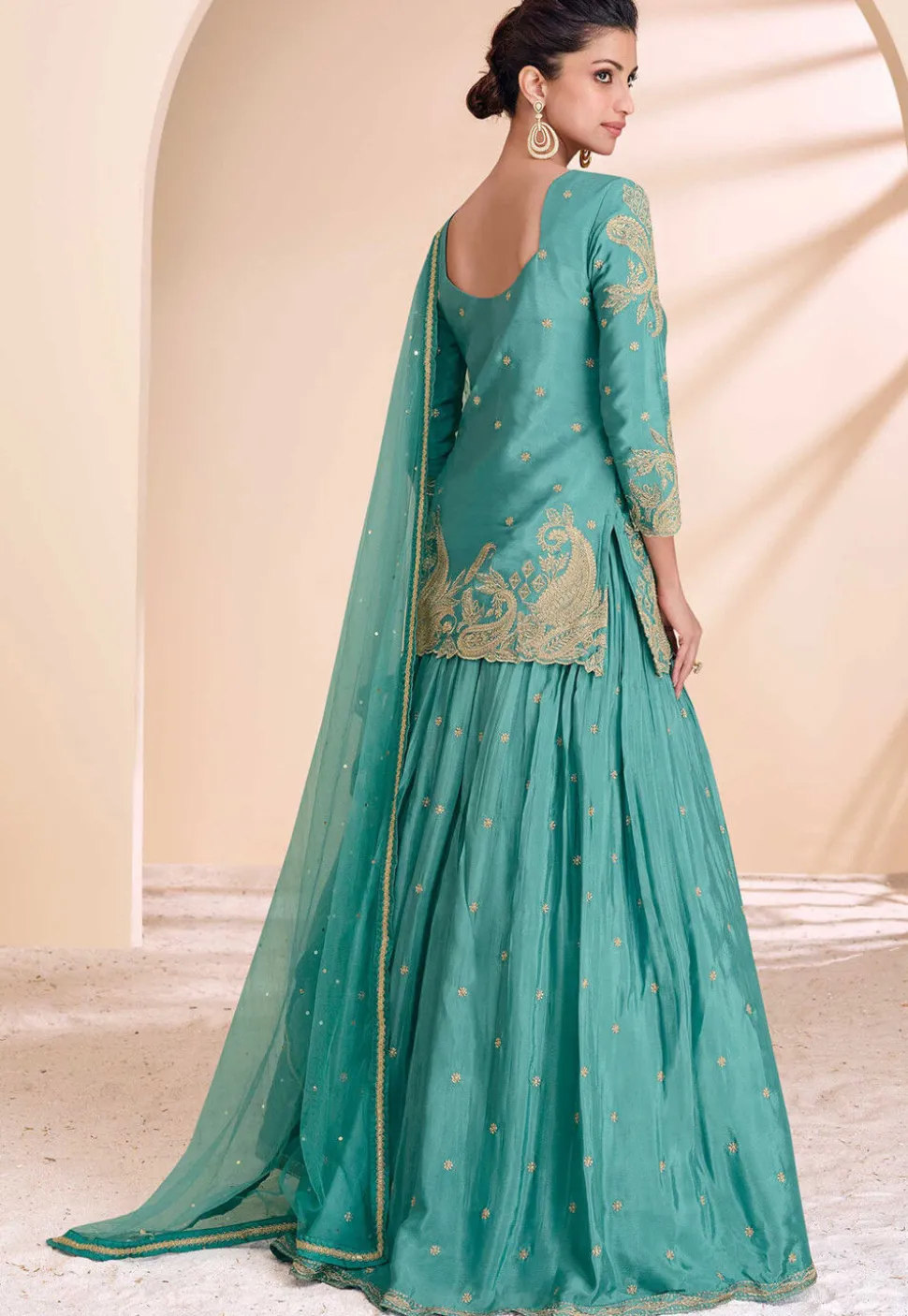 Embroidered Chinon Silk Lehenga in Sea Green