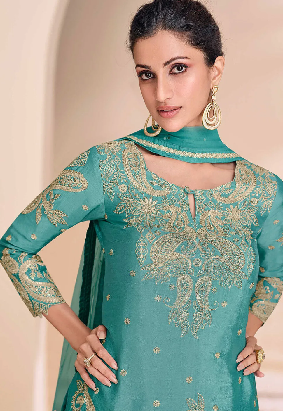 Embroidered Chinon Silk Lehenga in Sea Green
