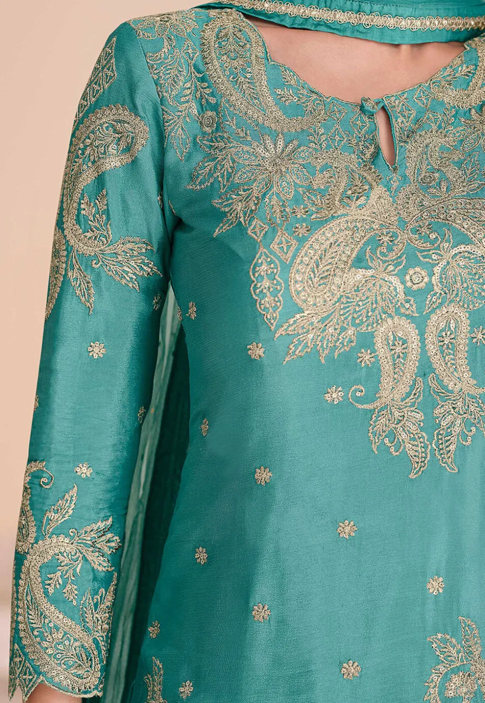 Embroidered Chinon Silk Lehenga in Sea Green