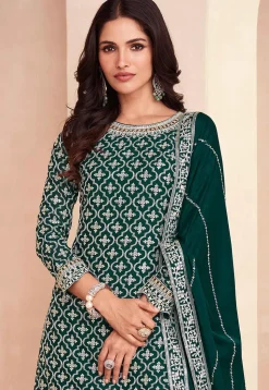 Embroidered Chinon Silk Lehenga in Dark Green