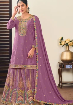 Embroidered Chinon Silk Lehenga in Purple