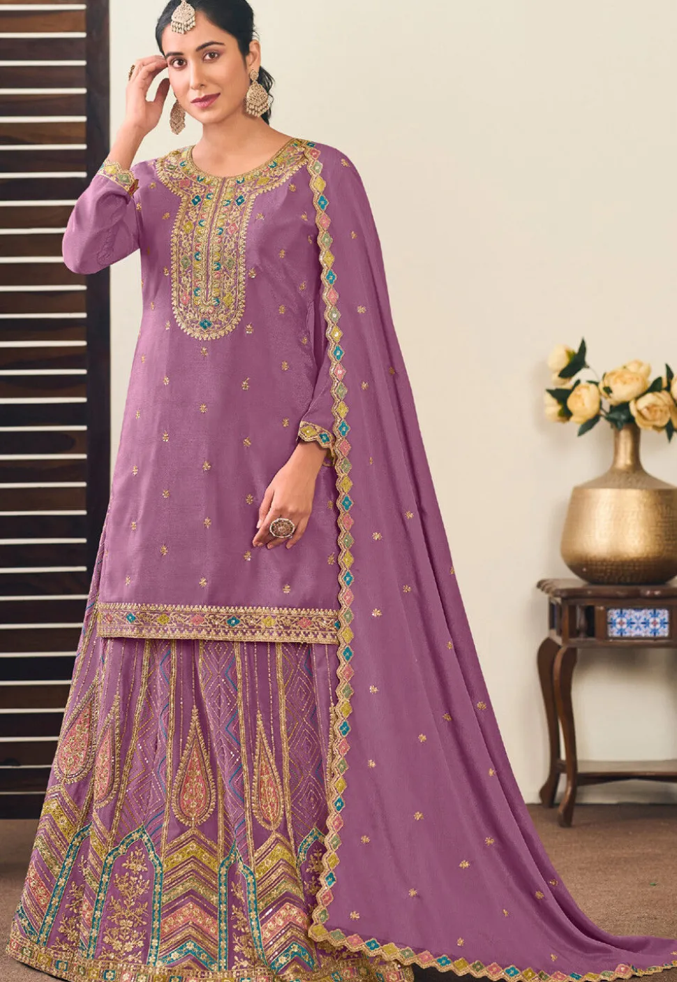 Embroidered Chinon Silk Lehenga in Purple