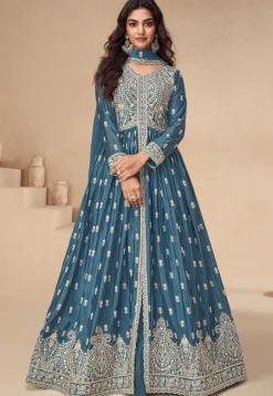 Embroidered Chinon Silk Lehenga in Blue