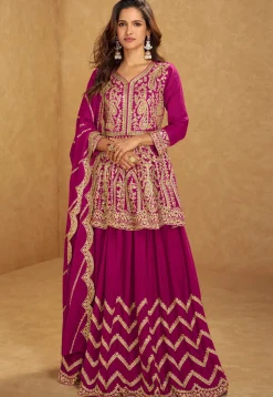 Embroidered Chinon Silk Lehenga in Dark Pink