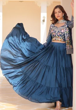Embroidered Chinon Silk Lehenga in Teal Blue