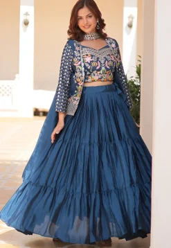 Embroidered Chinon Silk Lehenga in Teal Blue