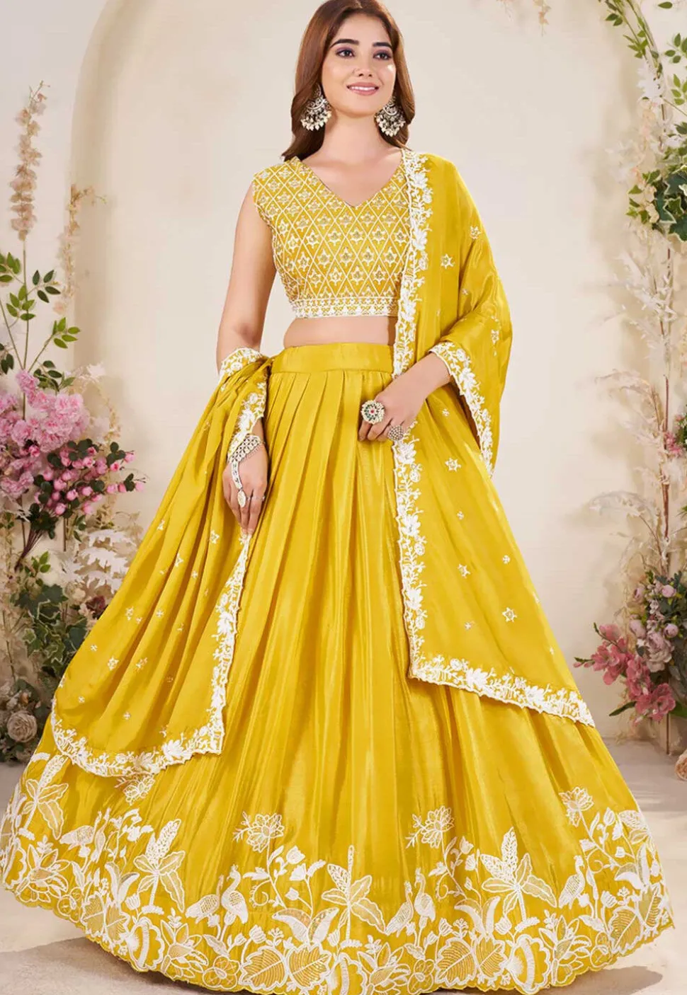 Embroidered Chinon Silk Lehenga in Mustard