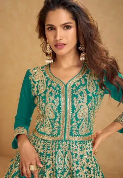 Embroidered Chinon Silk Lehenga in Teal Blue