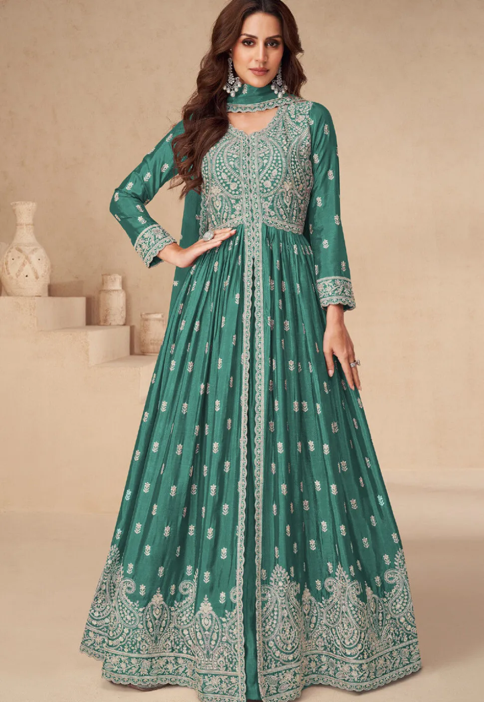 Embroidered Chinon Silk Lehenga in Teal Green