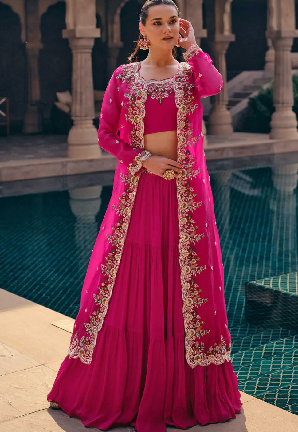 Embroidered Chinon Silk Lehenga in Pink