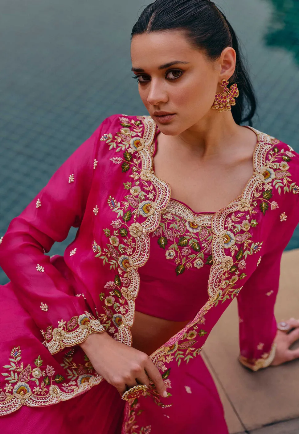 Embroidered Chinon Silk Lehenga in Pink