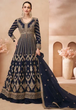 Embroidered Chinon Silk Lehenga in Navy Blue