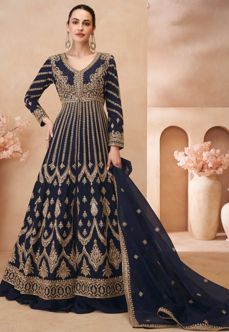 Embroidered Chinon Silk Lehenga in Navy Blue