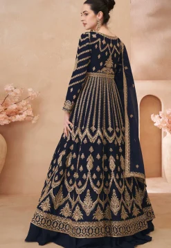 Embroidered Chinon Silk Lehenga in Navy Blue