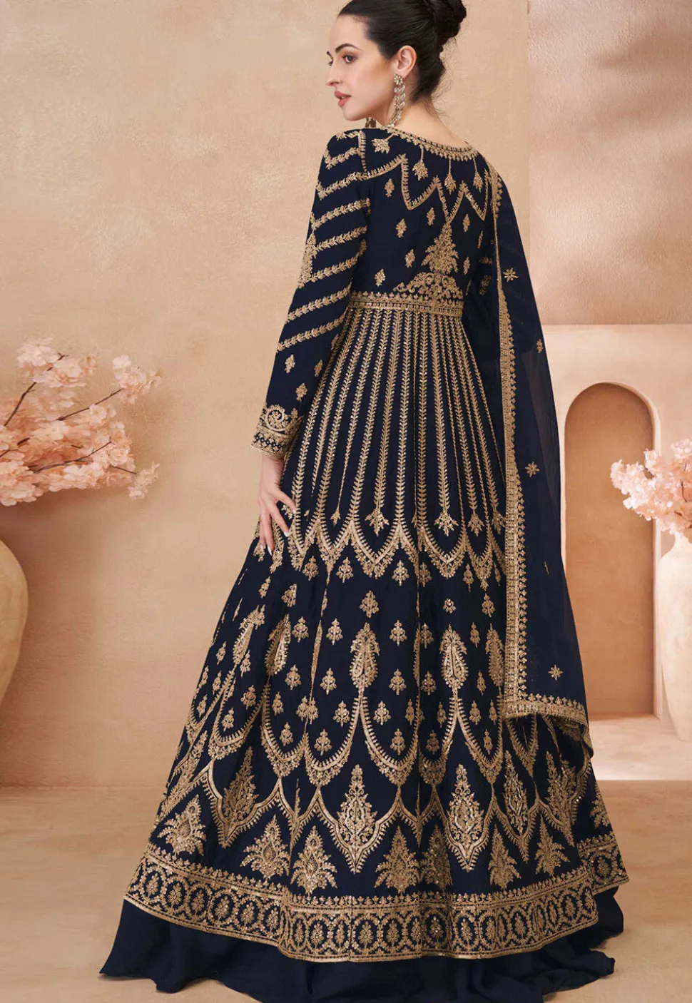 Embroidered Chinon Silk Lehenga in Navy Blue