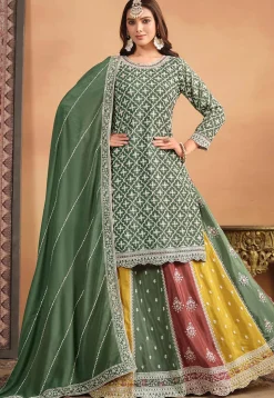 Embroidered Chinon Silk Lehenga in Dusty Green