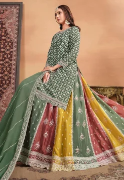 Embroidered Chinon Silk Lehenga in Dusty Green