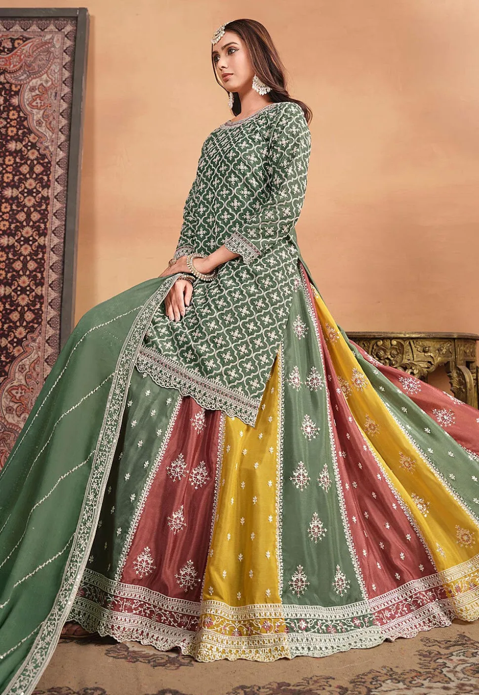 Embroidered Chinon Silk Lehenga in Dusty Green