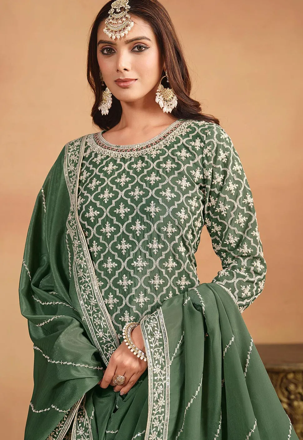 Embroidered Chinon Silk Lehenga in Dusty Green