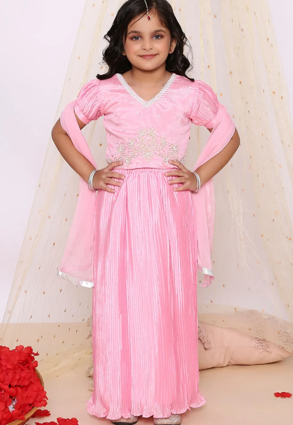 Embroidered Chinon Silk Lehenga in Pink