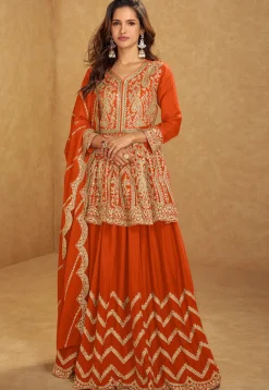 Embroidered Chinon Silk Lehenga in Orange