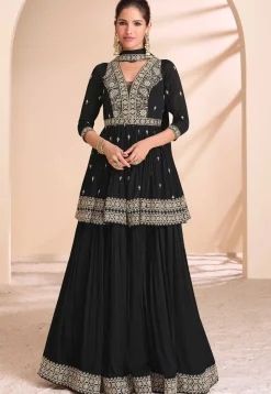 Embroidered Chinon Silk Lehenga in Black