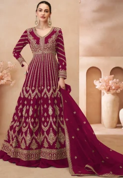 Embroidered Chinon Silk Lehenga in Magenta