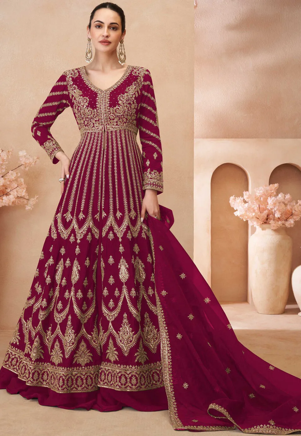 Embroidered Chinon Silk Lehenga in Magenta