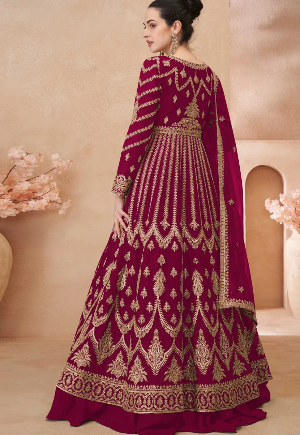 Embroidered Chinon Silk Lehenga in Magenta