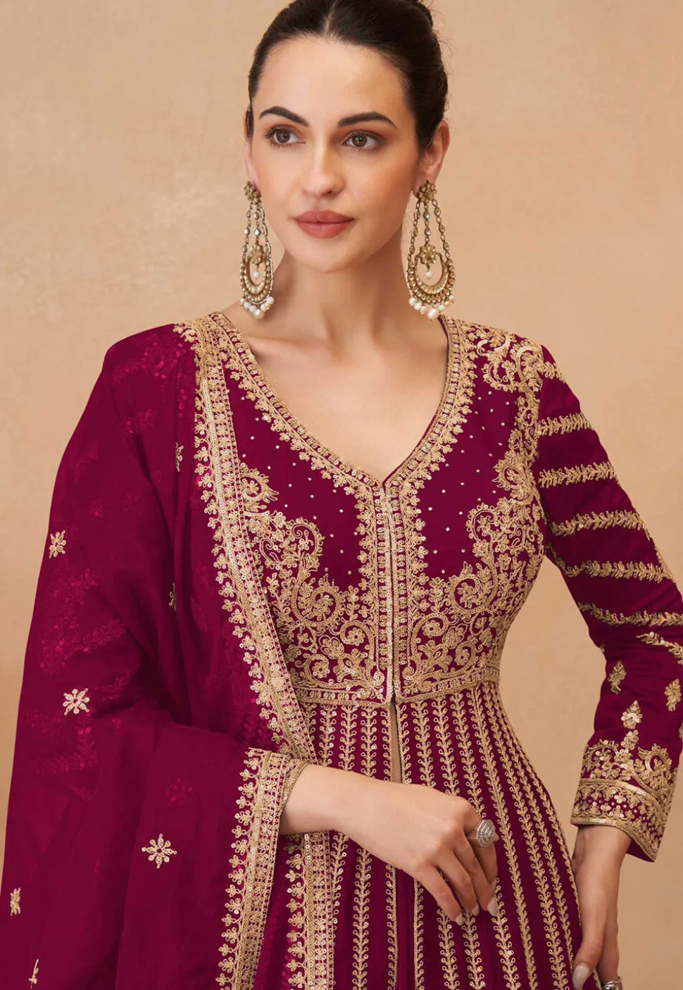 Embroidered Chinon Silk Lehenga in Magenta