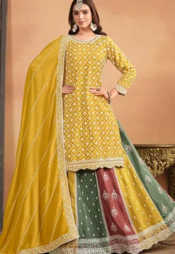 Embroidered Chinon Silk Lehenga in Yellow