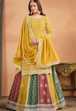 Embroidered Chinon Silk Lehenga in Yellow