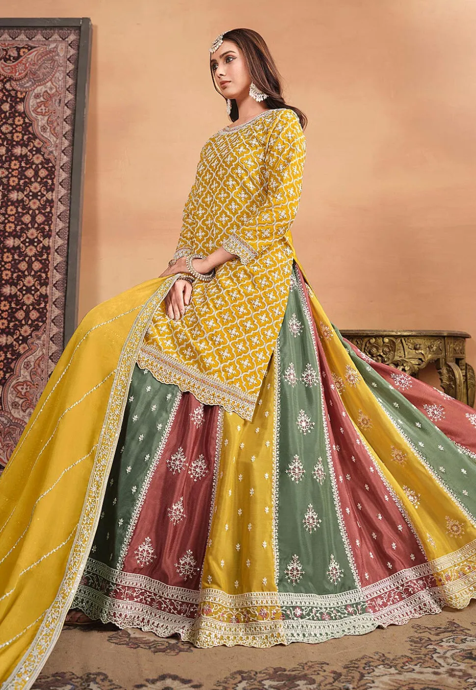 Embroidered Chinon Silk Lehenga in Yellow