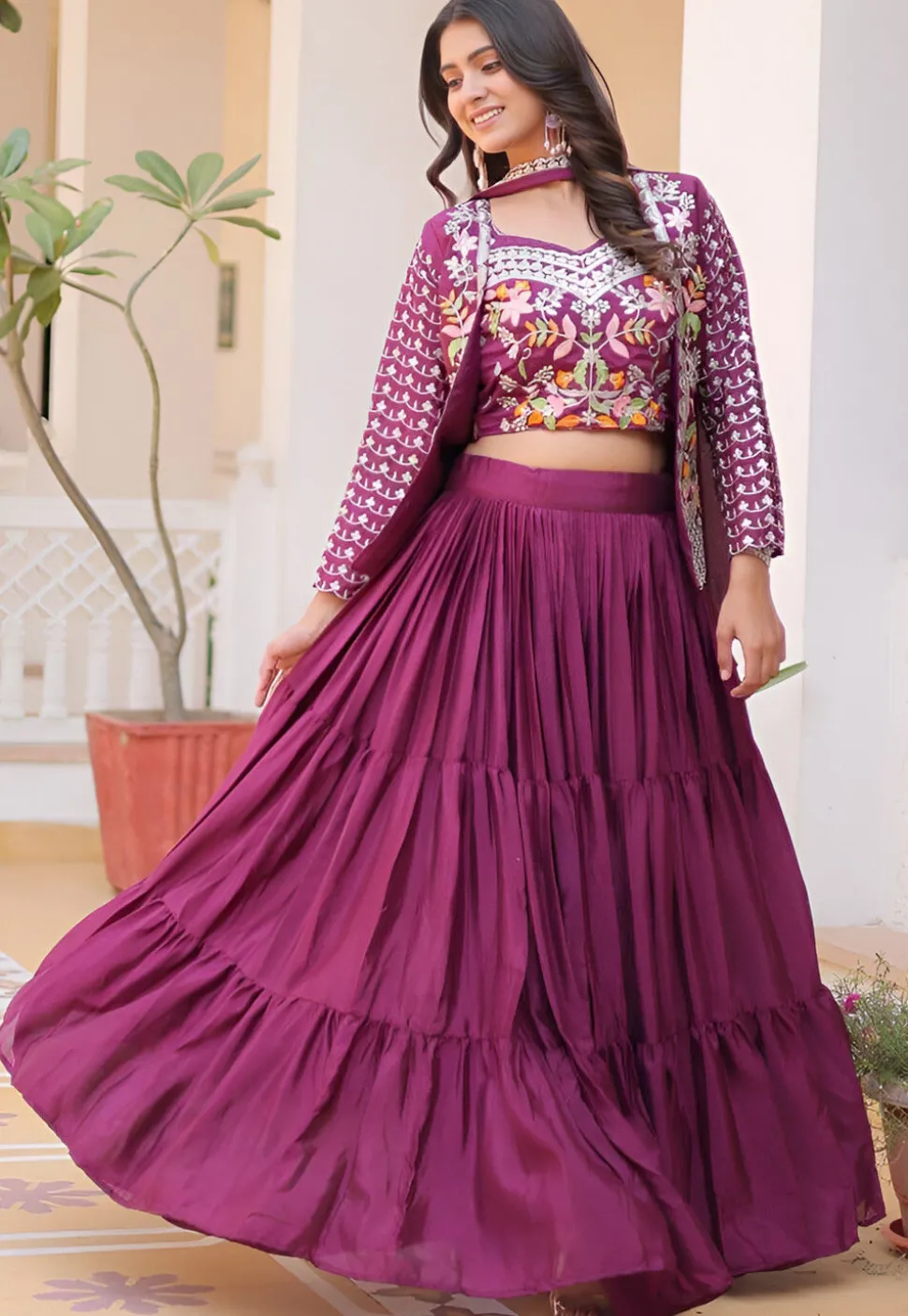 Embroidered Chinon Silk Lehenga in Wine
