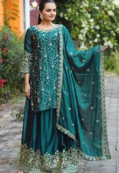 Embroidered Chinon Silk Lehenga in Teal Green