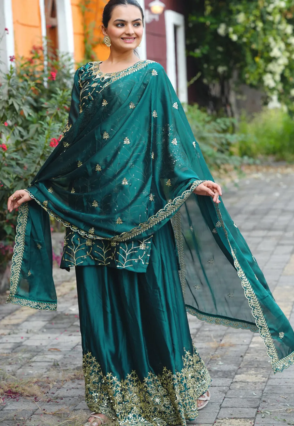 Embroidered Chinon Silk Lehenga in Teal Green