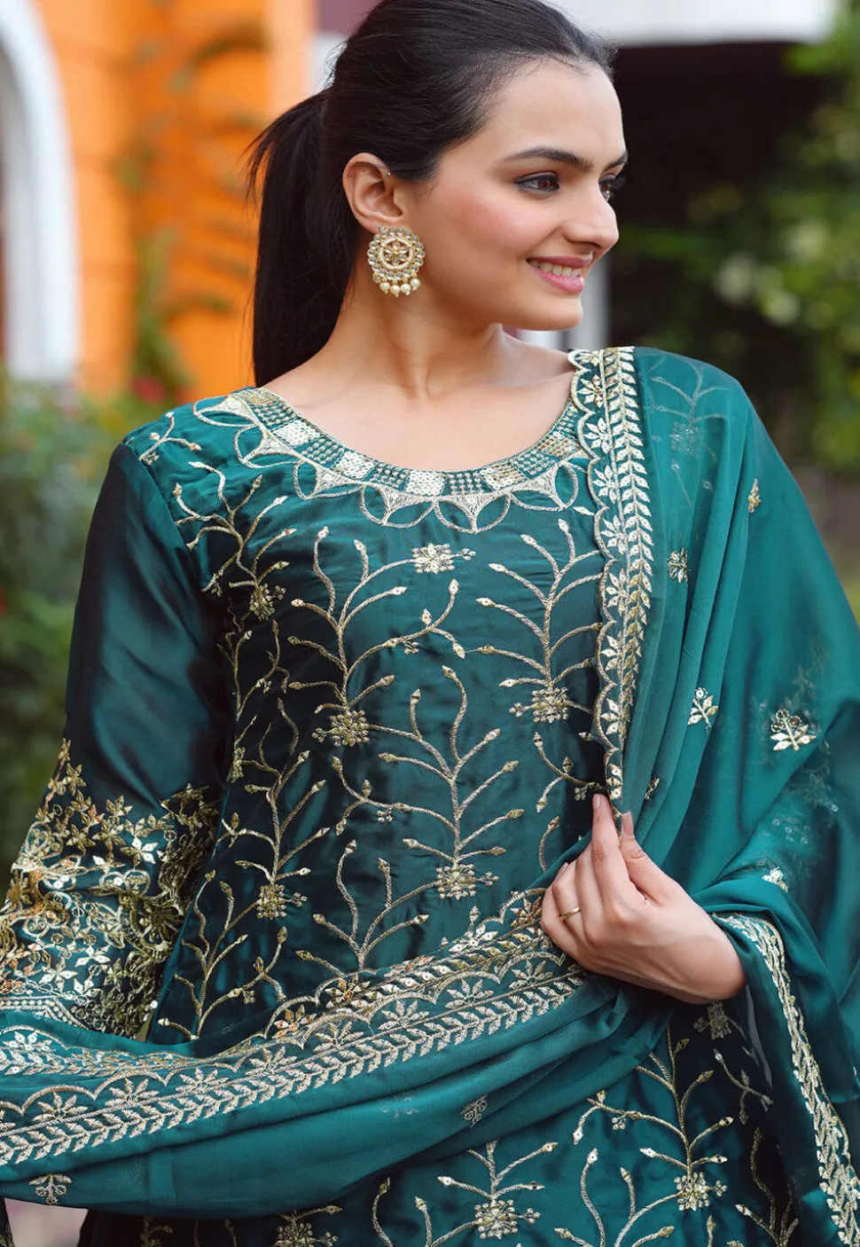 Embroidered Chinon Silk Lehenga in Teal Green