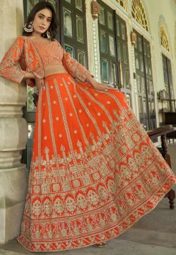Embroidered Chinon Silk Lehenga in Orange