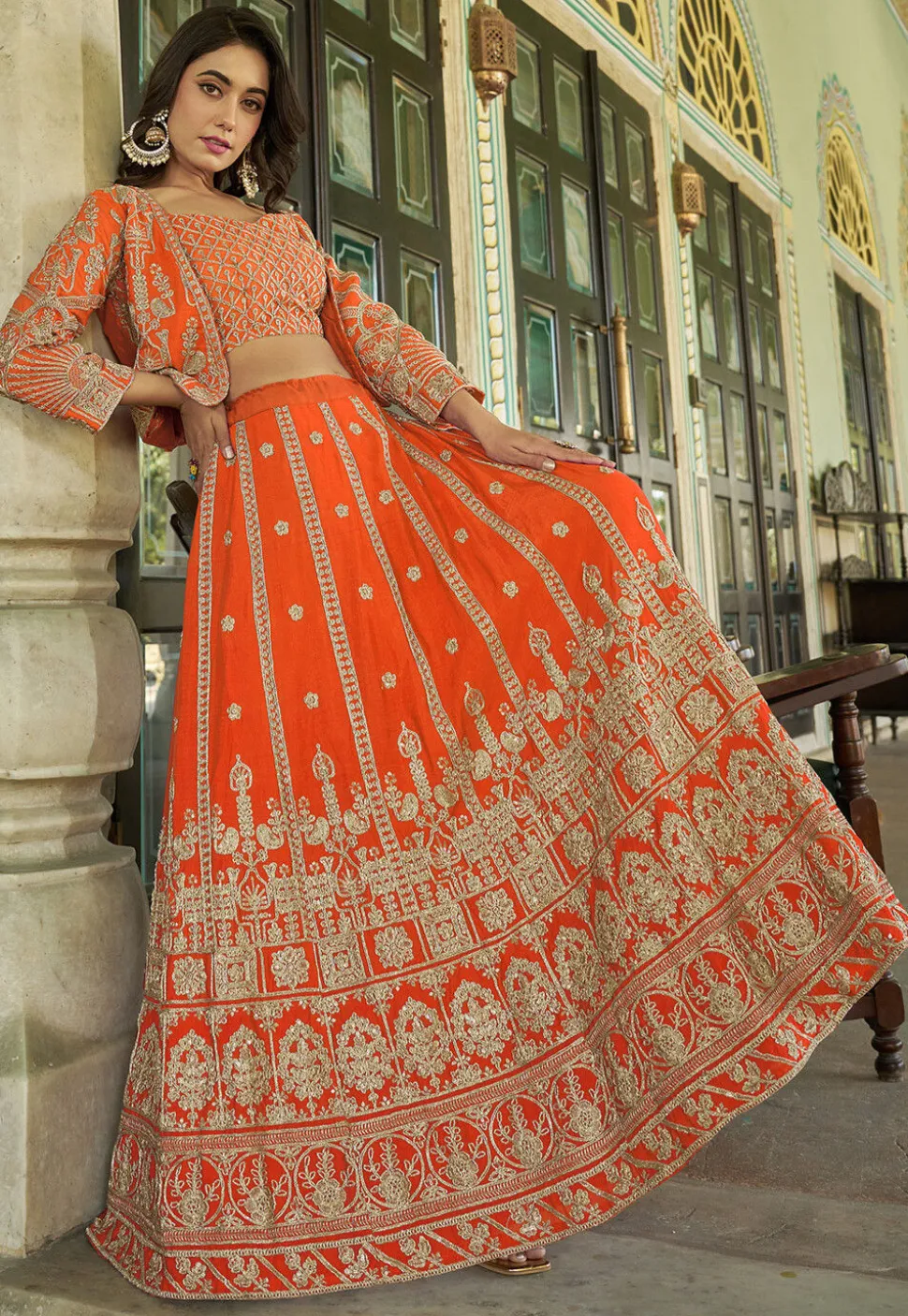 Embroidered Chinon Silk Lehenga in Orange