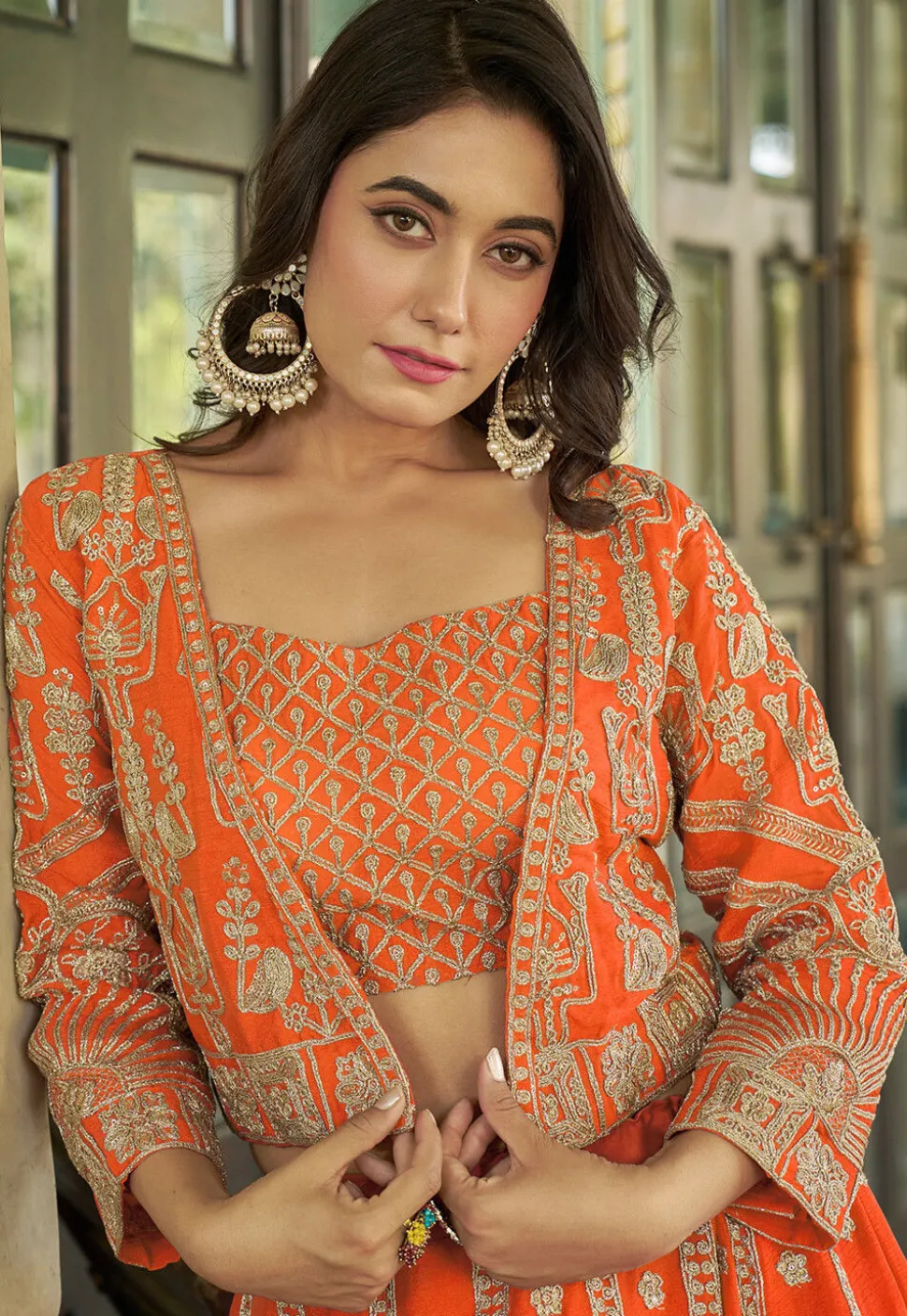 Embroidered Chinon Silk Lehenga in Orange