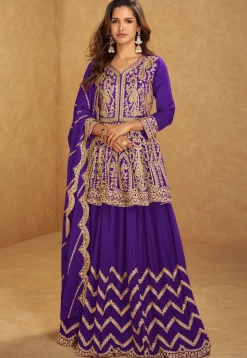 Embroidered Chinon Silk Lehenga in Purple