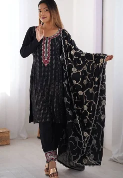 Embroidered Chinon Silk Pakistani Suit in Black