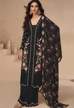 Embroidered Chinon Silk Pakistani Suit in Black