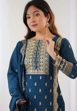 Embroidered Chinon Silk Pakistani Suit in Teal Blue